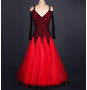 Black red patchwork mesh  long sleeves women's adult lady girls children long length lace v neck competition high quality professional waltz ballroom tango flamenco dance dancing dresses outfits  skirt 